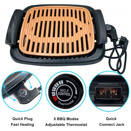 Mighty Rock Nonstick Electric Indoor Smokeless Grill - Small BBQ Grilling with Recipes, Fast Heating, Adjustable Thermostat, Easy to Clean